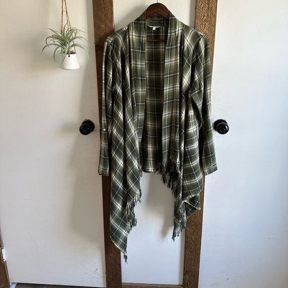 Vintage 90s Plaid Distressed Fringe Flannel Plaid Cardigan Women’s Size Large - Picture 3 of 13